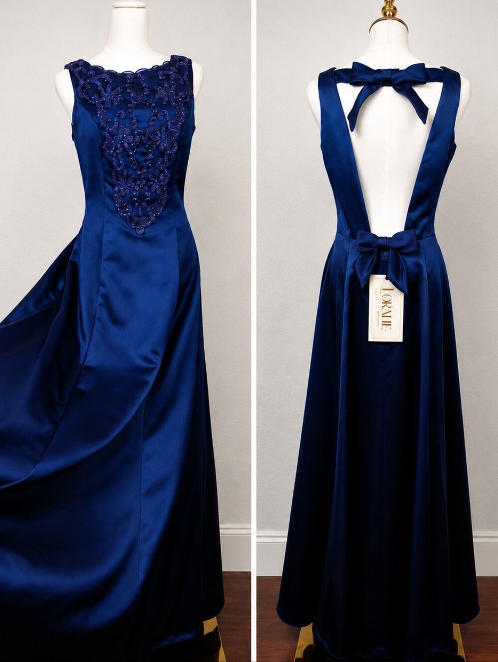 Vintage 80's/90's Loralie Original Navy Satin Open Back Bow Formal Prom Gown 12